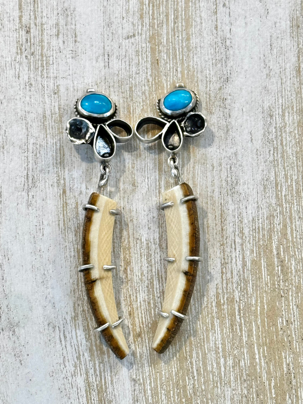 Turquoise with Pronged Ancient Mammoth Bone Earrings