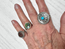 Load image into Gallery viewer, Repousse’ Sun with Kingman Turquoise Ring Size 10
