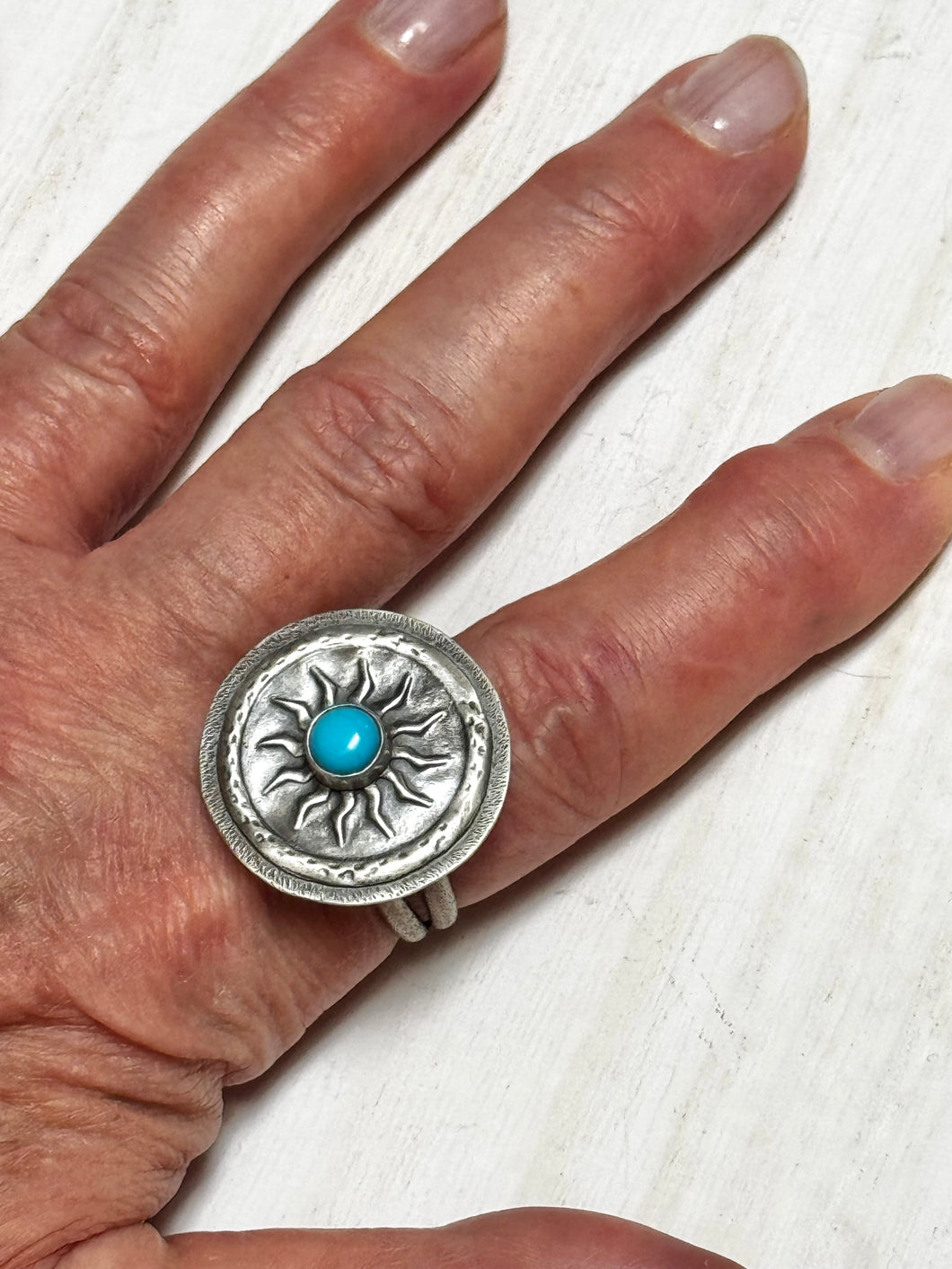 Repousse’ Sun with Kingman Turquoise Ring Size 10