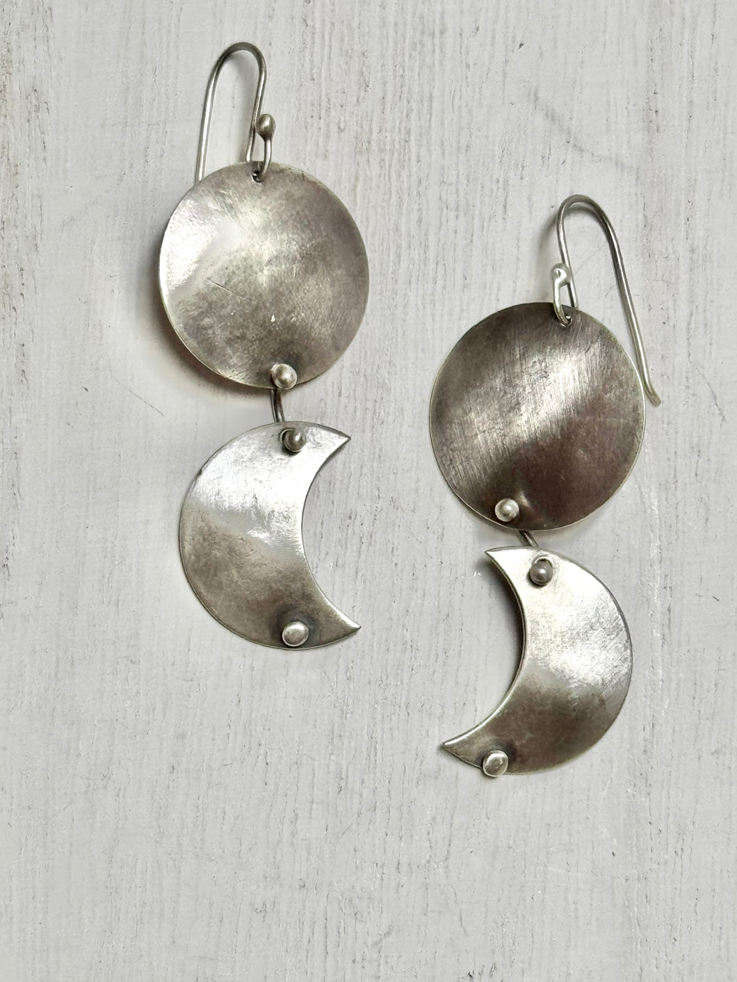 Matte Sterling Silver Crescent and Full Moon Earrings