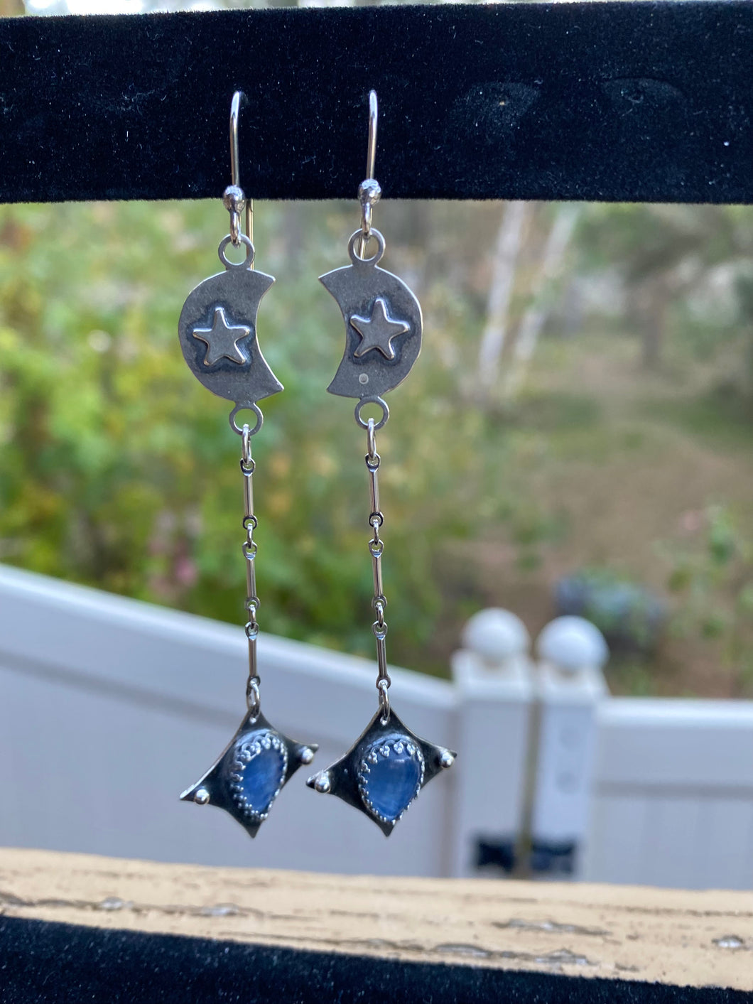 CLEARANCE Crescent Moon and Kyanite Starburst Earrings